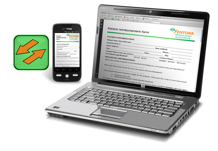 A laptop a mobile phone and a tablet. The laptop is open and the screen is displaying a patient reimbursement form from the company mentor. The form is titled "Patient Information" and has fields for the patient's name address phone number and financial information. The mobile phone is next to the laptop and the tablet is on the left side of the image. There is a green arrow pointing to the form indicating that the form can be downloaded. The background is white.