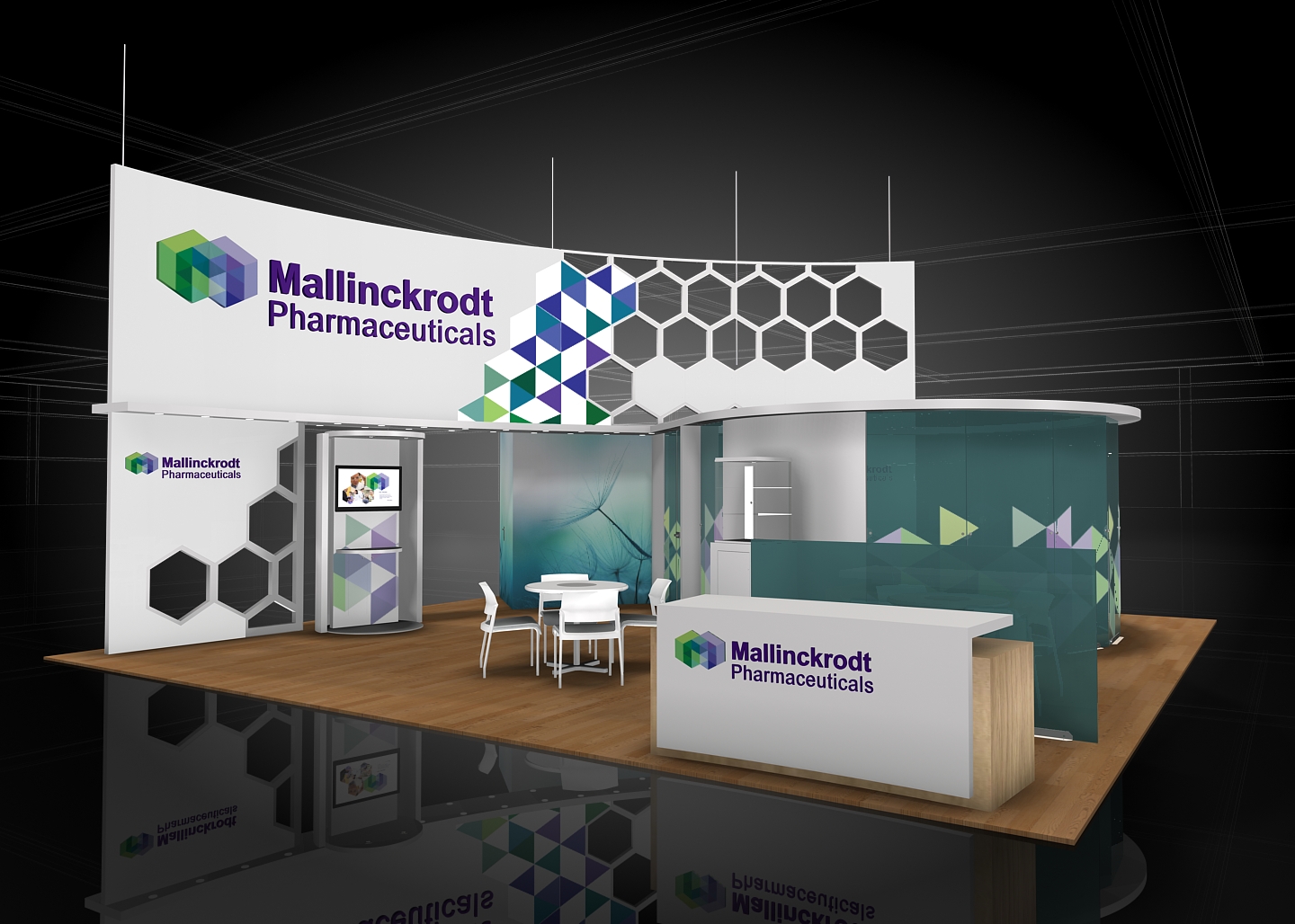 A 3D rendering of a trade show booth for Mallinckrodt Pharmaceuticals. The booth is white with a blue and green geometric pattern on the walls and roof. The front of the booth has a large banner with the company's logo and name in bold letters. There is a desk with a computer monitor and a chair in front of it and a small table with a plant on it. The background is black with a geometric pattern. The overall design is modern and professional with a focus on the company and its products.