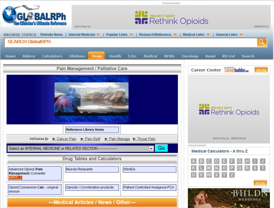 A screenshot of the homepage of a website called "Rethink Opioids". The website has a blue and white color scheme with the logo of the company on the top left corner. Below the logo there is a search bar with the company's name and contact information. <br /><br />On the right side of the page there are several tabs for different sections of the website. The first tab is titled "Pain Management/Palliative Care" and has an image of a person's hand holding a heart. The second tab is labeled "Reference Library Home" and shows a list of medical articles and news. The third tab has a section titled "Drug Tables and Calculators" and a section labeled "Medical Calculators - A thru Z".<br /><br />At the bottom of the image there has a link to the website's medical articles news and other information.