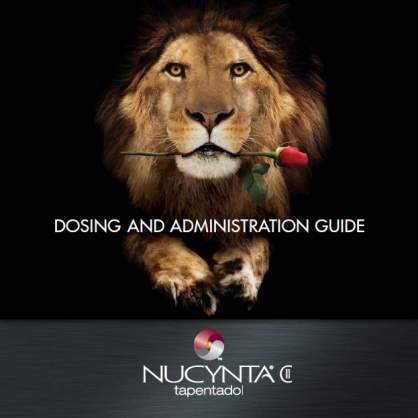 A cover of a book titled "Dosing and Administration Guide". It features a close-up of a lion's face with a red rose in its mouth. The lion's mane is a golden color and its eyes are a piercing yellow. The background is black making the lion and rose stand out. The title of the book is written in white text at the bottom of the image.