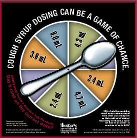 An and advertisement for Tuscans with the title "Cough Syrup Dosing Can Be a Game of Chance". A spoon is positioned like the spinner on a roulette wheel with values for different dosages. "Did it land on the correct dose?" they ask.