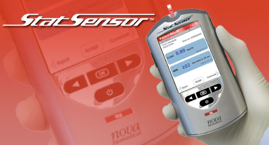 A hand holding a Stat Sensor device. The device is silver in color and has a screen on the front. The screen displays the user's name date and other information about the device. On the left side of the screen there are several buttons for controlling the device including a power button a volume control and a display screen. The background of the image is red and there is a logo for the brand "Stat Sensor" on the top left corner.