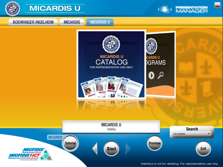 A screenshot of the homepage of the Micardis U Catalog website. The website has a blue and yellow color scheme with the logo of the company on the top left corner. On the right side of the page there is a banner with the company's name and contact information. Below the banner there are two tabs - "Micardis u Catalog" and "For Representative Use Only". <br /><br />At the bottom of the image there has a search bar and a button that says "Search". There are also two buttons - "Start" and a "Preview" button - which can be used to search for information about the catalog.<br /><br />On the top right corner of the screen there appears to be a presentation manager button which is likely used to manage the presentation. The background of the webpage is a yellow banner with a blue border.