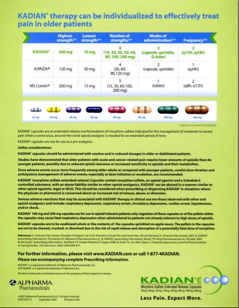 An advertisement for Kadian which can be individualized to effectively treat pain in older patients. The advertisement is divided into two sections. The top section is titled "Kadian Therapy" and has a green background with white text. Below the title there is a table with three columns. The first column lists the treatment options the second column shows the number of patients and the third column displays the frequency of the treatment.<br /><br />The table also has a list of the different types of medication available including Avinox which is a type of medication used to treat pain. The table also includes information about the medication such as its dosage and other relevant information. The bottom section of the advertisement has a link to the Kadian website and a contact information page for further information.