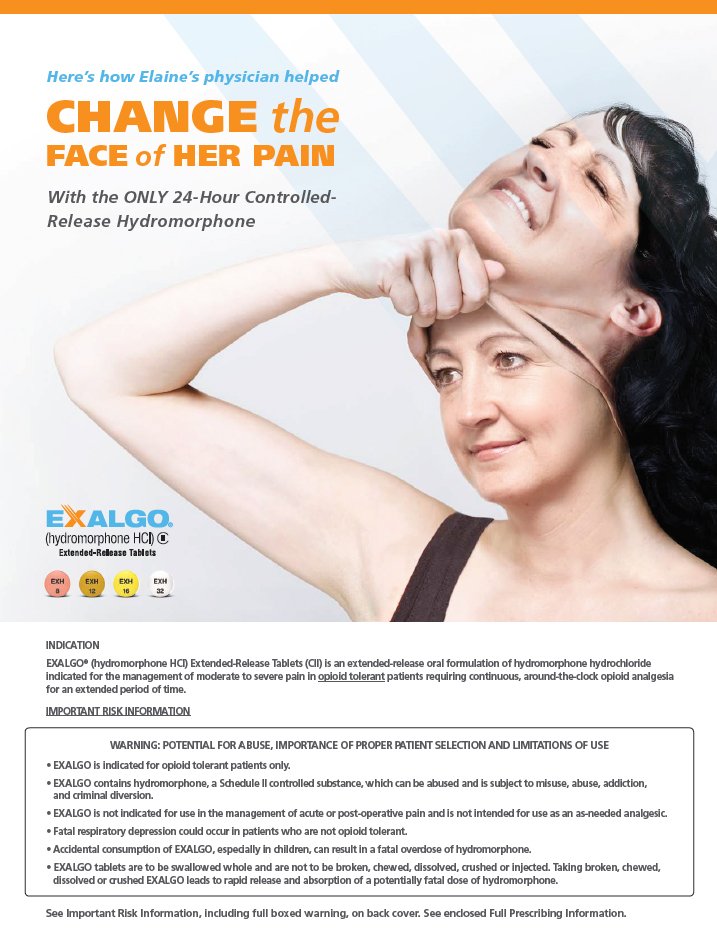 An advertisement for a product called "Change the Face of Her Pain". It features a young woman with long dark hair smiling and looking up at the sky. She is holding her head with one hand and has her other hand resting on her forehead. The text on the image reads "Here's how Elaine's physician helped change the face of her pain with the only 24-hour controlled-release Hydromorphone". Below the text there is an information about the product including its features and benefits. The background of the image is white and the text is in black and orange.