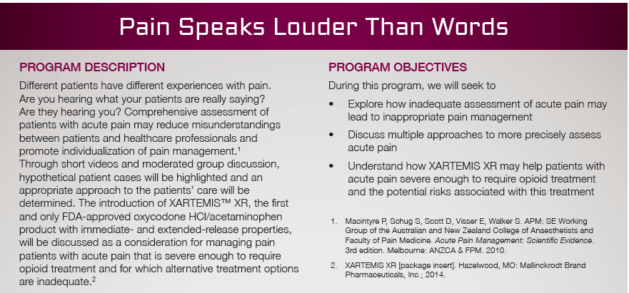 A slide from a presentation titled "Pain Speaks Louder Than Words. It has a purple background and white text. The slide is divided into two sections. <br />The left half gives a Program Description and the right half lists Program Objectives. There are also two sources cited.