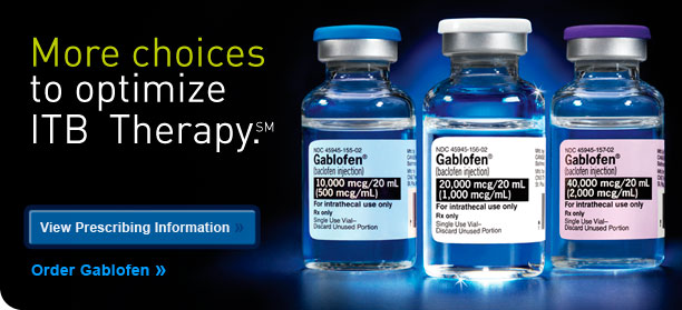 Three vials of Gablofen a medication used in ITB therapy. The vials are blue in color and have white caps. Each vial has a label with the brand name and dosage information printed on it. The label also mentions that the medication is 10000 mg/ml and is available for use only. The background of the image is black and there is text on the left side that reads "More choices to optimize ITB Therapy" and "View Prescribing Information". On the right side there is a button that says "Order Gablofen".