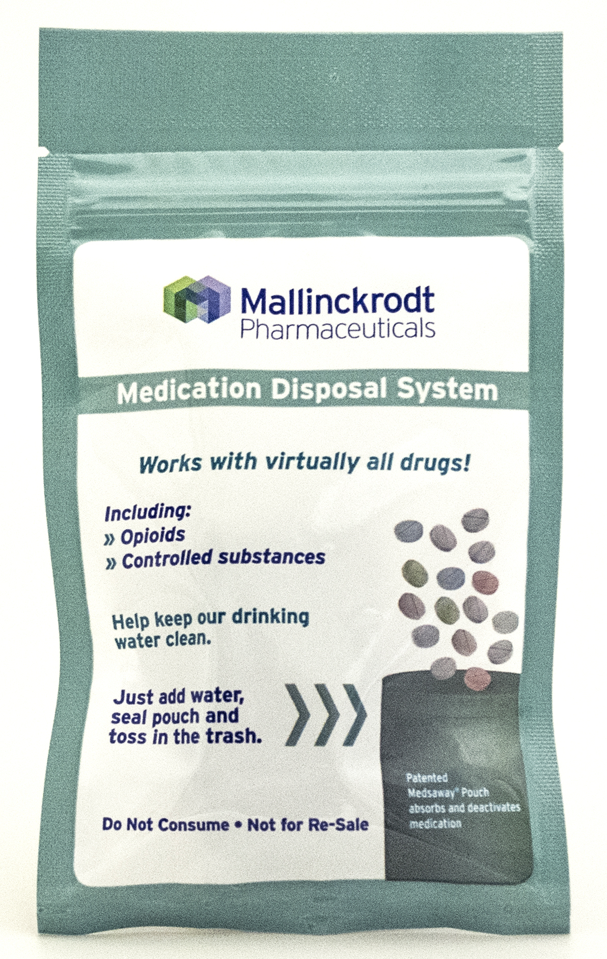 Of packaging for a Medication Disposal System by Mallinckrodt Pharmaceuticals. The packaging is a light green color with a white label on the front. The label has the company's logo in the top left corner and the words "Medication Disposal System" in bold black font. Below the logo there is a description of the product which states that it works with virtually all drugs. <br /><br />There are instructions on how to use the product at the bottom of the packaging. There is a label that says "Do Not Consume - Not for Re-Sale".