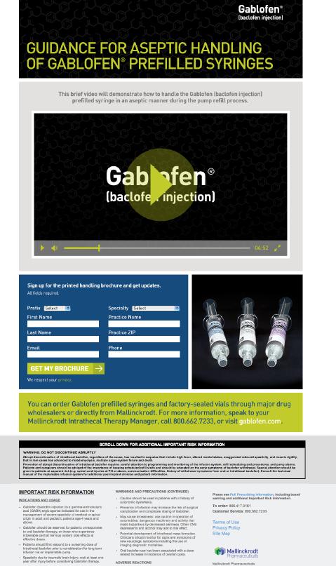 A screenshot of the homepage of a website called Gablofen. The website has a black and white color scheme with the company's logo in the top left corner. Below the logo there is a banner that reads "Guidance for Aseptic Handling of Gablofen Prefilled Syringes". <br /><br />On the right side of the page there are three images of three syringes each with a different color and design. The first image is of a syringe with a label that says "Gablofen" and the second image is an illustration of a needle. The third image is titled "Get My Brochure" and shows a brief description of the website's services.<br /><br />At the bottom of the image there has a section titled "Important Risk Information" which provides information about the website and its services. There is also a link to the website for more information.