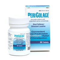 A white plastic bottle with a blue label that reads "Pericolace" and a white box with the same text. The bottle is 60 tablets and the box is rectangular in shape. The label also has a barcode and the brand name "PERICOLACE" written in bold black letters. The box also has the product name "convenient and predictable overnight relief of constipation" written on it in smaller black letters indicating that the bottle contains 60 tablets. The background is plain white.