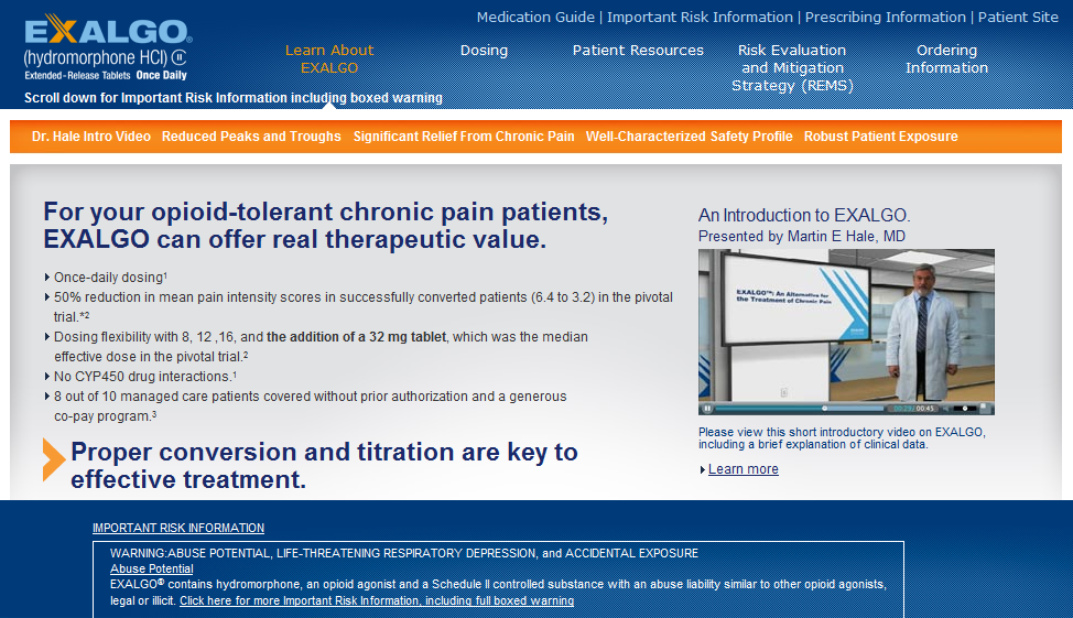 A screenshot of the homepage of a website called EXALGO. The website has a blue and white color scheme with the company's logo at the top. Below the logo there is a title that reads "For your opioid-tolerant chronic pain patients EXALCO can offer real therapeutic value." <br /><br />On the right side of the page there are two images. The first image is of a man in a white lab coat standing in front of a whiteboard with a blue background. He is smiling and appears to be giving a presentation. The second image is an introduction to the website.<br /><br />At the bottom of the image there has a section titled "Proper conversion and titration are key to effective treatment." There is also a brief description of the website and a link to a website for more information about the website's services.