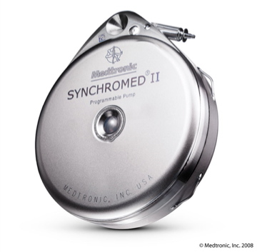 Of a Medtronic Synchromed II Programmable Pump. It is a round silver-colored device with a handle on the top for easy carrying. The device has a small circular button on the front which is likely used to control the flow of blood. The brand name "Medtronic" is written in bold black letters on the side of the device. There is also a small logo on the bottom right corner that reads "Programmable Pump." The device appears to be new and unused with no visible damage or wear.