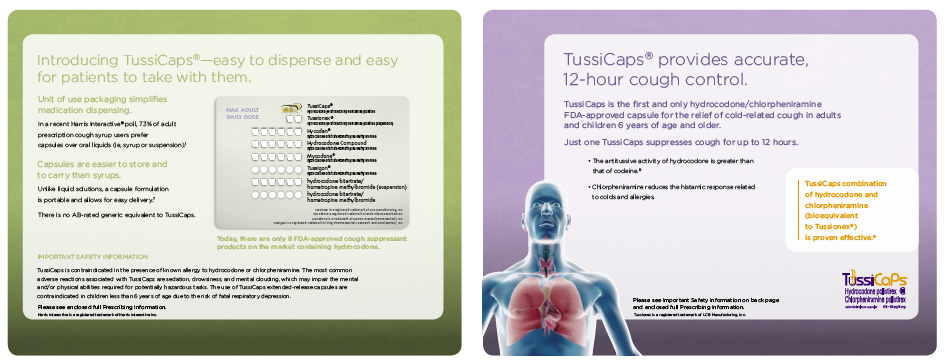 A brochure or flyer for TussiCaps a drug that provides accurate 12-hour cough control. The brochure is divided into two sections. <br /><br />On the left side of the brochure there is a green background with white text that reads "Introducing TussiCaps - easy to dispense and easy for patients to take with them." Below the text there are several bullet points that explain the benefits of using the product.<br /><br />The first section on the right side has a purple background with the company's logo and contact information. The text explains that the product provides accurate and easy-to-use cough control which is a type of cough control that helps to reduce the appearance of coughs. The second section has an illustration of a human body with the text "TussiCaps" above it. The illustration shows the chest and lungs which are highlighted in blue. The overall design is simple and modern with a clean and professional look.