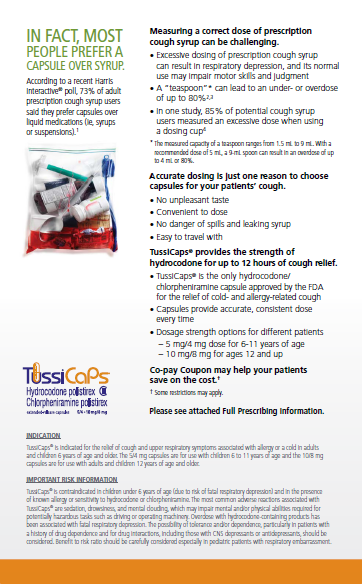 An infographic that explains how to measure a correct dose of prescription cough syrup. It has a white background with orange and black text. On the left side of the image there is an illustration of a pack of TussiCaps a type of cough syrup with the text "In fact most people prefer a capsule over syrup." <br /><br />On the right side there are three bullet points that explain the benefits of using the cough syrup and how it can help prevent the spread of cough. The first bullet point explains that the syrup can be used to treat coughs the second bullet point provides the strength of the cough relief and the third bullet point emphasizes the importance of taking the necessary precautions to prevent it.<br /><br />At the bottom of the infographic it says "Please see attached full prescribing information."