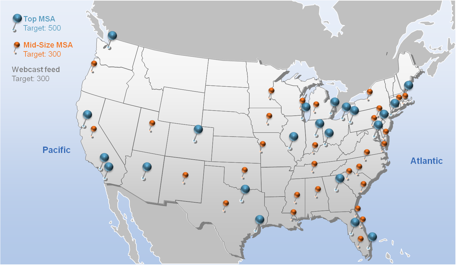 A map of the United States of America showing the locations of the top MSA targets in each state. The map is color-coded with each state represented by a different color - blue orange and gray. The blue and orange dots represent the locations where the MSA target is located while the gray dots represent locations where it is located.<br /><br />The map also shows the major cities and towns within the states plus the Atlantic Ocean and the Pacific Ocean. These cities are marked with blue dots indicating that they are located in the top left corner of the map. The top right corner has a list of the locations including "Top MSA" and "Target 500" "Mid-Size MSA Target 300" and "Webcast Feed Target 300". The map also includes a legend that explains the colors used in the map with the blue dots representing the different locations and the orange dots representing locations.