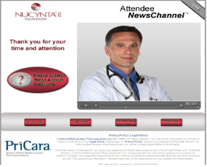 A screenshot of the homepage of a website called "NUCYNTAC Technology". The website has a white background with a red banner at the top that reads "Attendee NewsChannel". Below the banner there is a photo of a man wearing a white lab coat and a stethoscope around his neck. He is smiling and looking directly at the camera. On the right side of the image there are three buttons - "Thank you for your time and attention" "Please answer these 4 short questions" and "Pricara". At the bottom of the page there has a link to the website's website and a button to download the website.