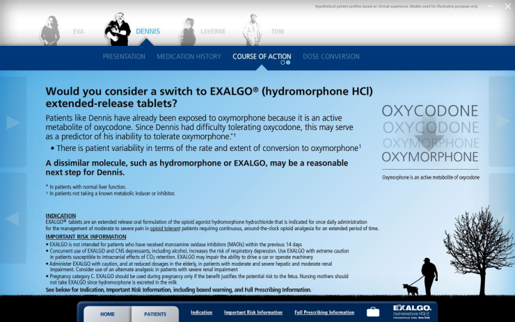 A screenshot of a webpage from the Exalgo website under the Course of Action tab. The webpage asks "Would you consider a switch to EXALGO (hydromorphone HCI) extended-release tablets?". The page has a blue background with white text. At the top of the page there is a navigation bar with links to different sections of the website. <br /><br />There are also tabs for "Presentation" "Medication History" and "Dose Conversion" but their content is not visible. There is small silhouette of a person walking a dog on a leash near a tree in the bottom right corner.