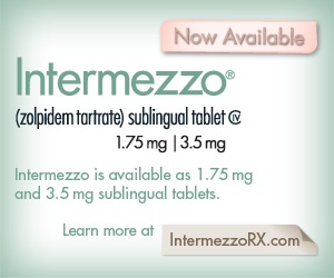 A promotional graphic for Intermezzo sublingual tablets. The background of the image is light green and the text is in black and white. The text reads "Now Available" in a bold sans-serif font. Below the text there is a smaller text that reads "Intermezzo is available as 1.75 mg and 3.5 mg" in smaller white font. <br /><br />The text also mentions that the tablets are available for purchase at IntermezzorX.com. The image also has a pink banner at the top with the company's logo and contact information.