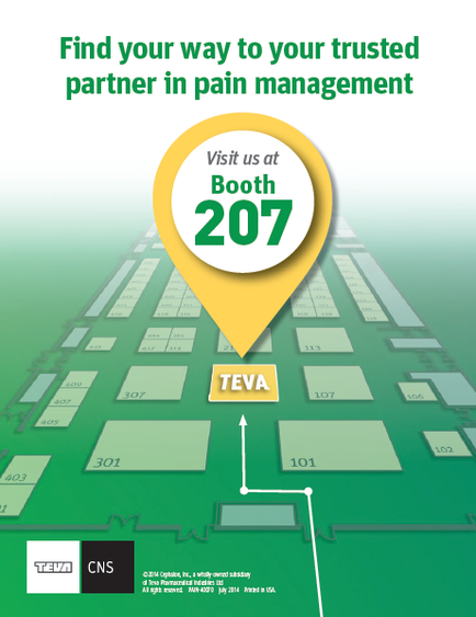 An idiographic that provides information about a trusted partner in pain management. It has a green background with a map of a building in the center. The map is in the shape of a triangle with a yellow pin in the middle that reads "Visit us at Booth 207". Below the pin there is text that says "tea" and "CNS". The text also mentions that the event is taking place at the booth 207.