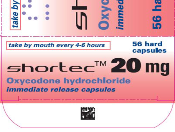 A label for a product called Shortec™ 20 mg Oxycodone hydrochloride immediate release capsules. The label is rectangular in shape and has a pink background with white text. The text on the label reads "Take by mouth every 4-6 hours" in bold capital letters. Below the text it notes that there are 56 hard capsules. There is also a barcode at the bottom right corner of the label.