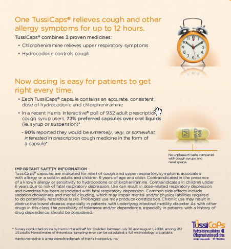 An infographic that explains how TussiCaps relieves cough and other allergy symptoms for up to 12 hours. The infographic is divided into three sections.<br /><br />The first section on the left side of the image has an illustration of an alarm clock with the text "TussiCaps" above it. The alarm clock is orange and white with black hands and numbers. The text below the alarm clock reads "Now dosing is easy for patients to get right every time."<br /><br />On the right side there is an image of a yellow pill with a green label that reads "Important safety information." The text is written in black font and is accompanied by a brief description of the product. The background of the infographic is white.