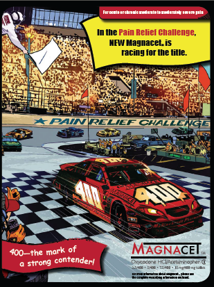 An advertisement for the New Magnacel. It features a red car with the number 400 on it driving on a race track with a large crowd of spectators in the background. The car is in the center of the image with the words "Pain Relief Challenge" and "New Magnacel's. Racing for the title" written above it. The background shows a large stadium with a checkered flag and a banner that reads "400-the mark of a strong contender!" The text on the image is in yellow and red and there is a red banner at the bottom with the word "Magnacel" written in white. The overall color scheme of the advertisement is bright and vibrant with a mix of red yellow and blue.