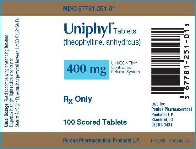 A label for Uniphyll Tablets (theophylline anhydrous) with a barcode on the right side. The label is rectangular in shape and has a blue background with white text. The text on the label reads "UNICONTIN® Controlled Release System" and "Rx Only". Below the text there is a description of the product which states that it is 400 mg and is 100 scored tablets. On the left side of the label there are two lines of text that read "NDC 67781-251-01". The label also has a small barcode at the bottom right corner.