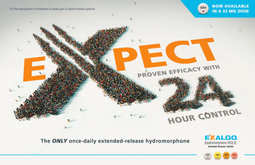 An advertisement for Exalgo with the tagline "Expect Proven Efficiency with 24 Hour Control". The background is white and the text is in orange and black. In the center of the image there is a large group of people arranged in the shape of the letter "X" with the word "PECT" written above it. The people are of different sizes and colors representing different people of different ages genders and ethnicities. The text is written in a bold sans-serif font and is centered on the image. Below the text there are three buttons - "Now available in a 32 mg dose" "The only once-daily extended-release hydromorphone" and "Exalgo". The overall design of the advertisement is modern and eye-catching.