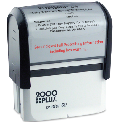 A container for Pennsaid pumps. The container has a silver and black top with black and red text and a white and silver bottom with black text. The top includes directions for using and dispensing Pennsaid. The bottom reads "2000 PLUS printer 60".