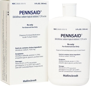 A white box and a white bottle of Pennsaid Rx only. The box is rectangular in shape and has the brand name "Pennsaid" written in bold black letters at the top. The bottle is cylindrical in shape with a white cap and a label that reads "Rx only" in black letters. The label also mentions that the product is for external use only and that it contains active ingredients such as diclofenac sodium topical solution (1.5% w/w). The bottle contains 5 fl. oz. (150 ml) of the product. The background of the image is plain white.