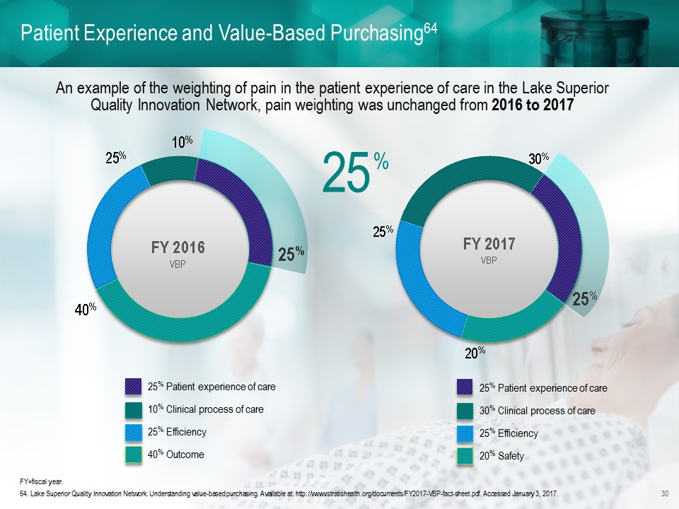 A pie chart that shows the percentage of patients experiencing pain in the patient experience of care in the Lake Superior Quality Innovation Network during FY 2016 and FY 2017.<br /><br />The FY 2016 section shows that 25% of patients experienced pain while the FY 2017 section shows 25% experienced pain. The pie chart also shows that 20% experienced a clinical process of care with 25% having a clinical experience of the same type of care and 20% having an effective outcome. The background of the image is blurred but it appears to be a hospital room with a patient lying on a bed and a medical equipment. The text on the image reads "Patient Experience and Value-Based Purchasing".