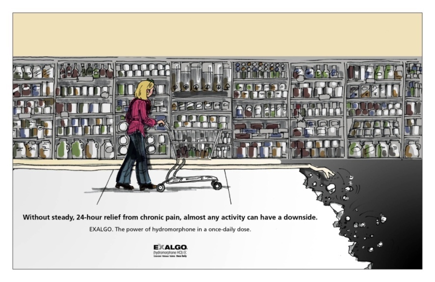 An illustration of a person pushing a shopping cart in a store. The person is wearing a pink jacket and blue jeans and is pushing the cart with both hands. The cart is black and has a handle on the right side. The background shows a large shelf filled with various items such as bottles jars and containers. The text on the image reads "Without steady 24-hour relief from chronic pain almost any activity can have a downside. Exalgo. The power of hydromorphone in a once-daily dose." The text is written in white and is in a playful font.