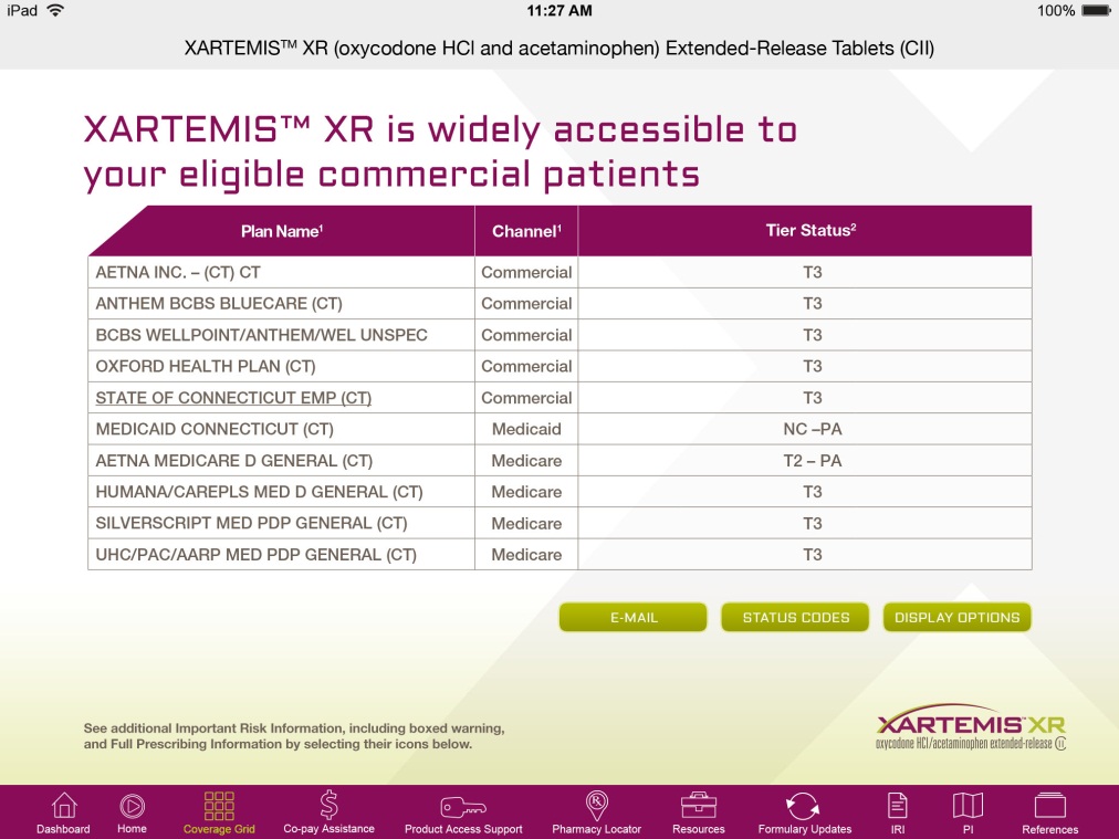 A screenshot from the Xartemis XR website of a table titled "Xartemis XR is widely accessible to your eligible commercial patients". There are three columns (Plan Name Channel Tier Status and Status Codes) and 10 rows (with 10 different Plan Names).<br /><br />At the bottom of the page there are three buttons - "E-mail" "Status Codes" and "Display Options".