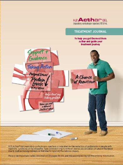 A man standing in front of a wall with a poster on it. The poster is titled "H.P. Acthar Gel Treatment Journal" and has a pink background with white text. The man is wearing a green polo shirt and blue jeans and is holding a pink sign that reads "A Chance at Remission". He is smiling and looking at the camera. On the left side of the image there are several red and white posters with text that read "Support Guidance" "Taking Action" "Helping Lower Protein Levels" and "Support Your Health". On the right side there is a white paper with the same text. At the bottom of the poster there appears to be a piece of paper and a pen.