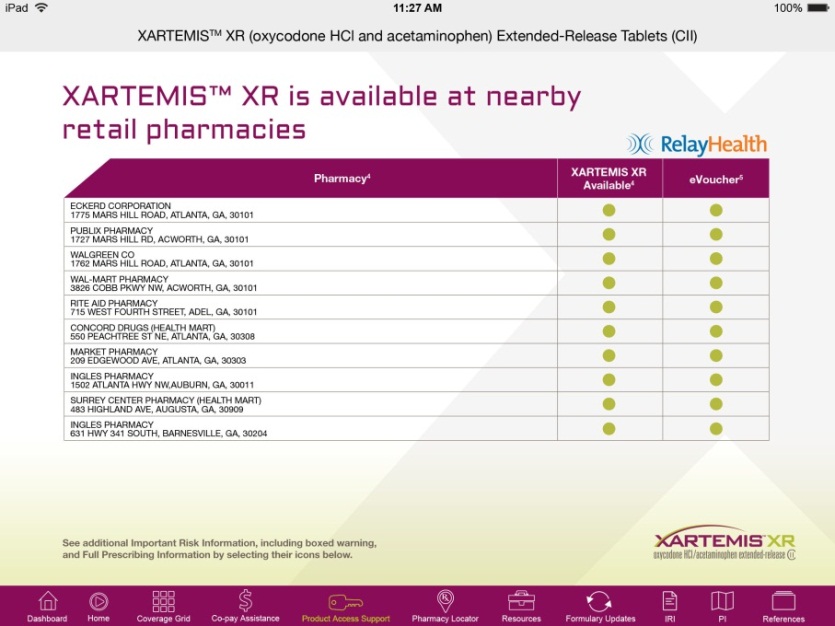 A screenshot of an iPad screen displaying the Xartemis™ XR (oxycodone HCI and acetaminophen) extended-release tablets available at nearby retail pharmacies. The screen has a purple background with white text. <br /><br />At the top of the screen there is a date and time 11:27 AM indicating that the tablet is available for purchase at RelayHealth. Below the date there are three columns - Pharmacy Xartemis XR and Voucher. The Pharmacy column lists the pharmacy's name address and contact information while the Vouchers column shows the availability of the tablets.<br /><br />On the right side of the image there has a table that shows the number of tablets available in each pharmacy. The table is divided into three columns with the first column listing the pharmacy name the second column showing the availability and the third column displaying the availability. There are also several icons at the bottom of the screenshot including a phone number a credit card and a shopping cart.