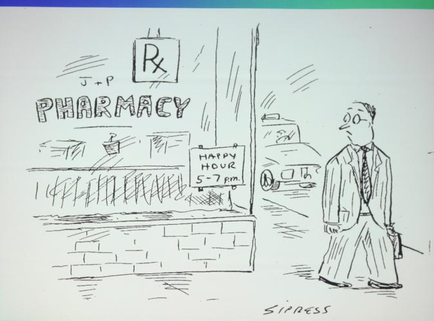 A black and white sketch of a man standing in front of a pharmacy. The man is wearing a suit and tie and is holding a briefcase in his hand. He appears to be deep in thought. The pharmacy has a sign that reads "J.P. Pharmacy" and there is a car parked in the background. The sign also has the words "Happy Hour 5-7 pm" written on it. The overall mood of the image is somber and contemplative.