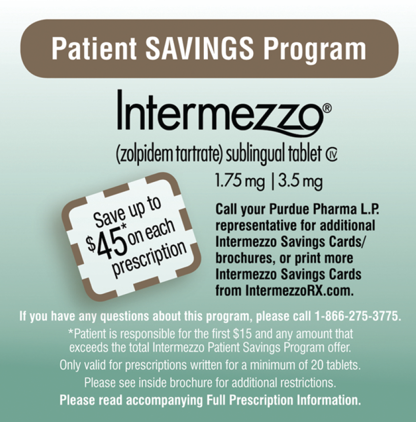 An advertisement for the Intermezzo Patient Savings Program. It has a light blue background with white text. The text reads "Patient Savings Program" in large bold font. Below the text there is an image of a prescription card with the text "Save up to $45 on each prescription" in smaller font. <br /><br />On the right side of the image there are two bullet points that explain the program's benefits. The first bullet point states that the program is responsible for the first $15 and any amount that exceeds the total Intermezzo Patient Savings program offer. The second bullet point says "Call your Purdue Pharma L.P. representative for additional Intermezzo Savings Cards/brochures or print more from Intermezzo Savings Cards."<br /><br />At the bottom of the advertisement it says "If you have any questions about this program please call 1-866-275-3775. Only valid for prescriptions written for a minimum of 20 tablets. Please read accompanying Full Prescription Information."