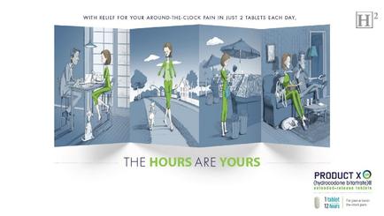 An advertisement for a product called "The Hours Are Yours". It is divided into three sections each showing a different scene. The first section shows a man and a woman sitting at a table in a living room with the man holding a tablet and the woman holding a coffee cup. They are both smiling and appear to be engaged in a conversation. The man is sitting on a couch while the woman is standing in front of him holding a dog. The background shows a cityscape with buildings and a blue sky. In the second section there is a woman walking on the street with a cat sitting on the ground next to her. The woman is wearing a green dress and has her hair tied up in a bun. The cat is looking up at the man with a curious expression. The text on the image reads "With relief for your around-the-clock pain in just 2 tablets each day. The hours are yours." At the bottom of the image there are two logos one for "Product X" and the other for "H2". The text is written in a modern sans-serif font.