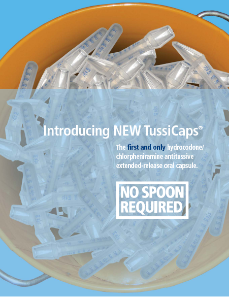 A yellow bucket filled with small clear plastic tubes. The tubes are arranged neatly in the bucket and appear to be new TussiCaps. The text on the image reads "Introducing NEW TUSSICAPS" and "The first and only hydrocodone/chlorphenamine antifungal extended-release oral capsule. No spoon required." The background is a light blue color.