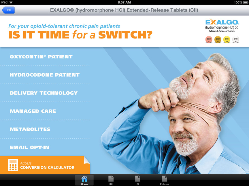 An advertisement for Exalgo Hydromorphone HCI Extended-Release Tablets (CII) for opioid-tolerant chronic pain patients. The advertisement features a man with grey hair and a beard wearing a blue shirt with his head resting on his hand and a smile on his face. He appears to be deep in thought.<br /><br />On the left side of the image there is a text that reads "Is it time for a switch?" Below the text there are three options: "Oxycontin" "Hydrocodone Patient" "Delivery Technology" "Managed Care" "Metabolites" and "Email Opt-In". On the right side it says "Access Conversion Calculator".<br /><br />At the top of the advertisement the company's logo and contact information are displayed in white text on a blue background.