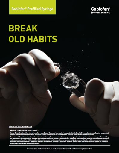 A pair of hands holding a syringe with a small amount of liquid coming out of it. The background is black and the text on the image reads "Gablofen Prefilled Syringe - Break Old Habits". The text is in white and is in a bold font. The image appears to be an advertisement for the product as there is a yellow banner at the top with the brand name and product name in white text. Below the banner there is additional information about the product. The overall design is simple and minimalistic with a focus on the hands and the syringe.