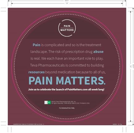 A circular graphic with a maroon background and white text. The text reads "Pain Matters: Pain is complicated and so is the treatment landscape. The risk of prescription drug abuse is real. We each have an important role to play. tea Pharmaceuticals is committed to building resources beyond medication because of all of us. Join us to celebrate the launch of PainMatters.com all week long!" The text is centered in the middle of the graphic and is surrounded by a white border.