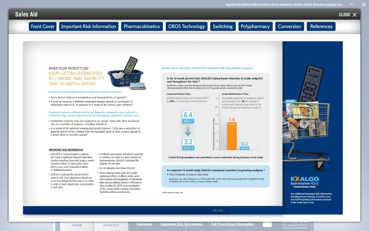 A screenshot of the Sales Aid section on the Exalgo website with the tagline "When your patient's day keeps getting interrupted by chronic pain maybe it's time to switch opioids".<br /><br />The page is divided into multiple sections including explanatory text Important Risk Information and an infographic explaining that "Studies show switching to EXALGO could provide long-lasting analgesia".<br /><br />There is also an image of a shopping cart with various items in it including a large clock.