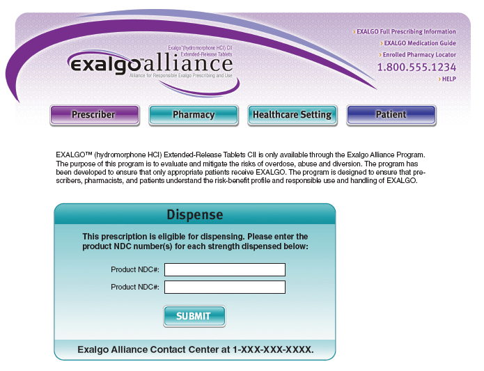 A screenshot of the Exalgo Alliance Contact Center website. The website has a purple and white color scheme with the company's logo at the top. Below the logo there is a form with fields for the user to fill out such as "Prescriber" "Pharmacy" "Healthcare Setting" and "Patient". <br /><br />At the bottom of the form there are two buttons - "Dispense" and "Submit". The form is asking the user if they are eligible for dispensing the product NDC number for each strength dispensed below. The form also has a link to the website's contact information page.