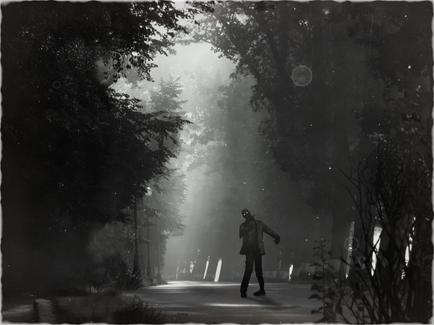 A black and white photograph of a person walking on a foggy road. The person is wearing a long coat and a hat and is walking away from the camera. The road is lined with trees on both sides and there are street lamps on either side. The fog is thick and covers the entire scene creating a mysterious and eerie atmosphere. The overall mood of the image is dark and eerie.