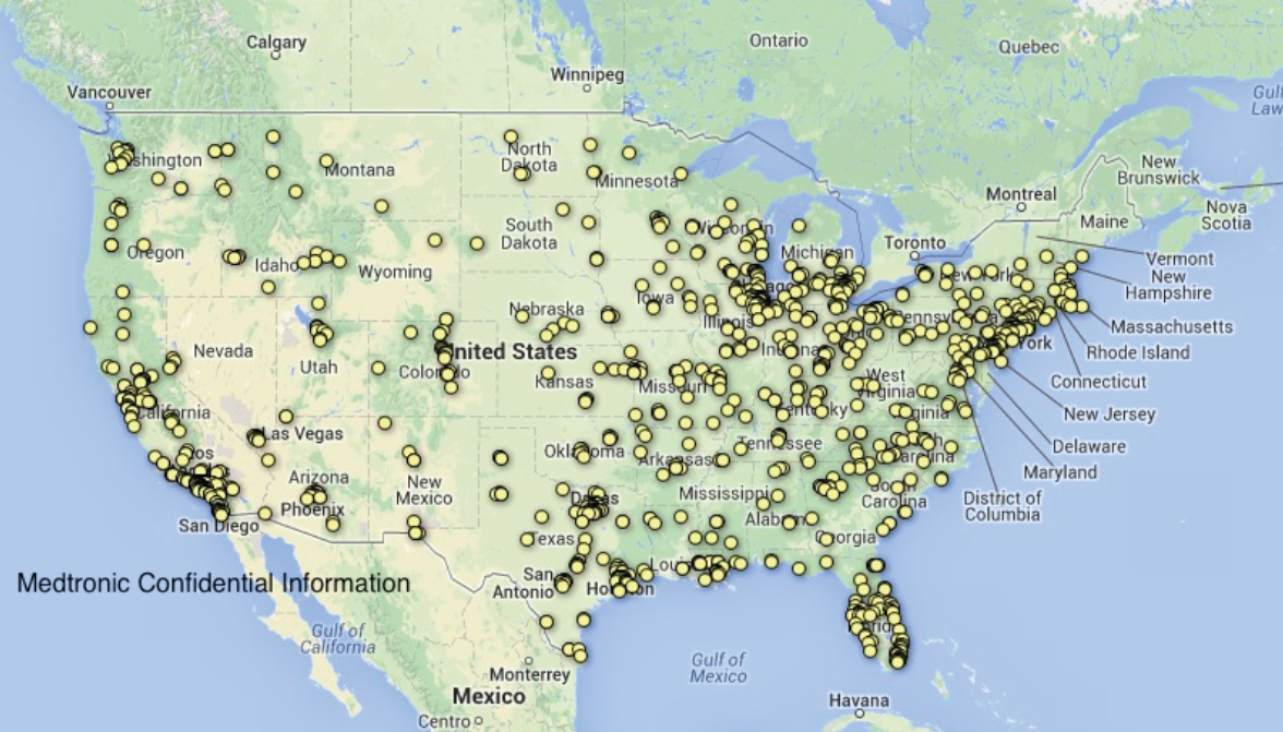 A map of the United States of America with all the major cities and states marked with yellow dots. The map is color-coded with the majority of the states in green and the majority in yellow. The yellow dots are scattered across the map indicating the locations of medical confidential information. The text on the map reads "Medtronic Confidential Information" and "United States". The map also shows the major highways and highways in the country as well as major areas (such as New York state New Jersey and New York City).