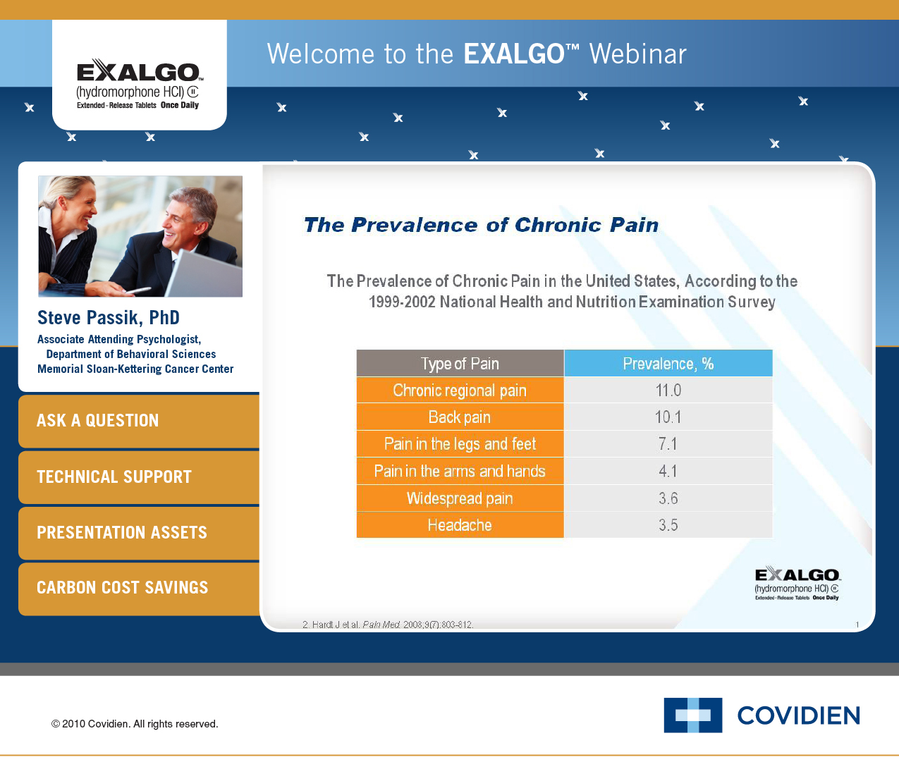 A screenshot of a webinar titled "The Prevalence of Chronic Pain in the United States According to the 1999-2002 National Health and Nutrition Examination Survey". The webinar is hosted by Exalgo.<br /><br />On the left side of the image there is a slide with a photo of two people Steve Passik PhD and another person who appear to be discussing the topic. On the right side there are three columns - "Ask a Question" "Technical Support" and "Presentation Assets". The first column is titled "Carbon Cost Savings". The second column is labeled "Type of Pain" the third column is numbered "Prevalence" and the fourth column is filled with information about different types of pain such as "Chronic pain" "Back pain" etc. The fifth column has a table that shows the percentage of pain in each type of pain. The table also has a legend that explains the meaning of each column. The background of the slide is white with blue and yellow accents.