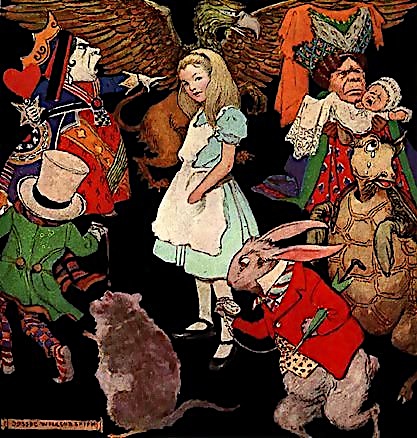 A colorful illustration of a group of people and animals. It appears to be a scene from a fairy tale . The background is black and the main focus is on a young girl in the center who is wearing a white dress and a blue apron. She is standing in front of a large bird with wings spread wide. On the left side of the image there is a man wearing a top hat and a green suit with a red cape holding a sword and shield. Next to him there are two other people one wearing a red coat and a hat with a feather and another wearing a green hat and holding a cane. <br /><br />On the right side of this image we can see a man holding a baby in his arms and a woman wearing a blue dress and hat with feathers on her head. In the center of the group we see a large brown rabbit wearing a pink coat and holding an umbrella. In front of the rabbit we also see a brown rat.<br /><br />The overall style of the illustration is whimsical and playful with bright colors and exaggerated features.