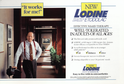 An advertisement for New iodine Etodolac an effective said therapy for adults of all ages. The advertisement features a photo of a man in a suit and tie standing in a hallway with a dog. The man is smiling and holding a black dog in his left hand. He is wearing a white shirt red suspenders and a red tie. The background shows a door and a wall with a framed picture hanging on it. On the right side of the image there is text that reads "It works for me!" and on the left side there are three bullet points that explain the benefits of using the product. The text also mentions that the product is easy to live with in osteoarthritis.