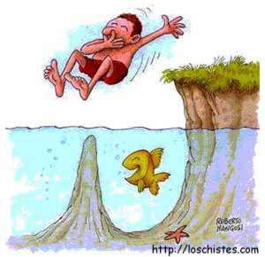 A cartoon illustration of a man diving into the ocean. The man is in mid-air with his arms stretched out to the sides and his mouth open as if he is screaming or shouting. He is wearing red shorts and appears to be in a state of distress. The ocean below is a deep blue with a large rock formation on the right side of the image. On the left side there is a small island with grass growing on top of it. In the water there are two small fish swimming near the edge of the cliff. The fish are yellow and orange in color and have a starfish on its back. The background is a light blue sky with white clouds.